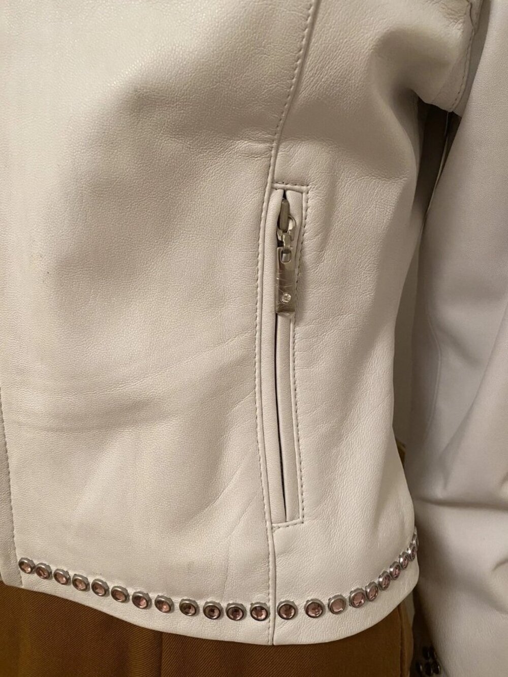 CRIPPLE CREEK Off White Leather Rhinestones Embellished Blingy Jacket S Small - Picture 11 of 16